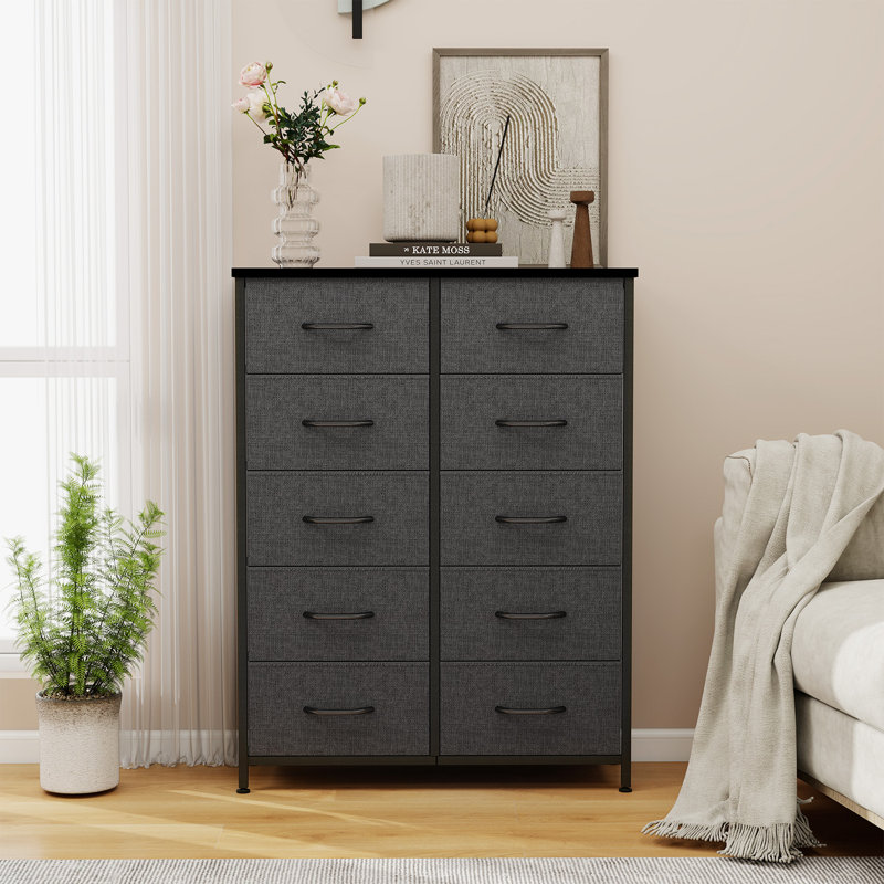 10 Drawer Wide Fabric Dressers, Large Storage Tower Unit With Fabric For Bedroom, Closet, Hallway, Gray