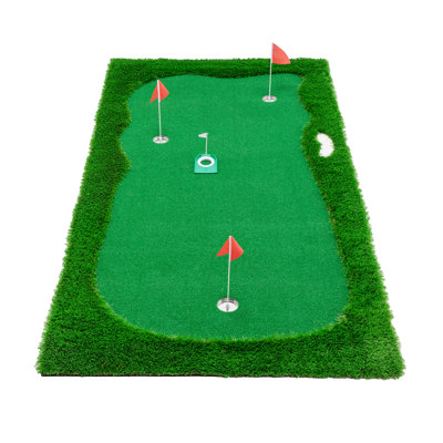 Golf Putting Green Mat, 10x5 Ft Indoor Outdoor Training With 3 Holes, Turf, Rubber Base