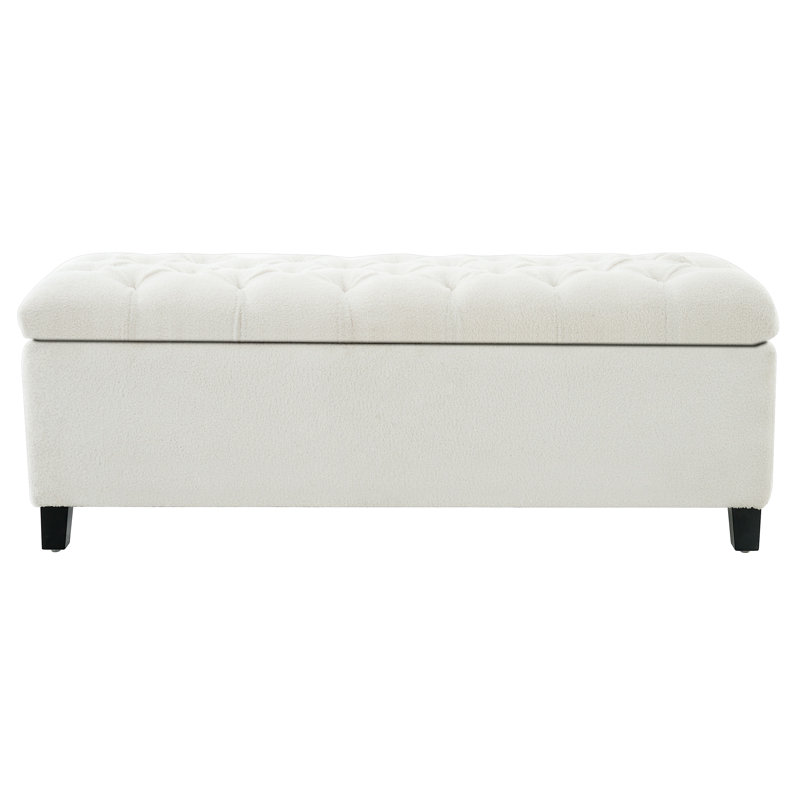 Banc repose-pieds avec rangement, surface bouclée, pieds en bois d'hévéa, capacité de 300 lb, White