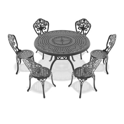 Table et chaises d'extérieur en fonte d'aluminium 7, cadre noir, noir