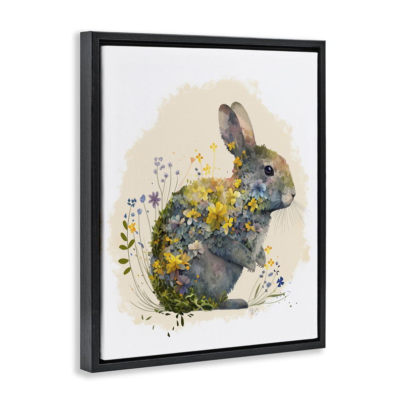 «Rabbit with Buttercup Flowers», art mural sur toile par Fab Funky, H 31 po x l 25 po, Cadre flottant noir de jais