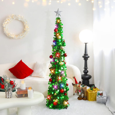Sapin de Noël pliable de 1,5 m avec lumières et 30 boules décoratives, sapin artificiel vert en guirlande pliable pour la maison, le bureau et les fêtes de fin d'année