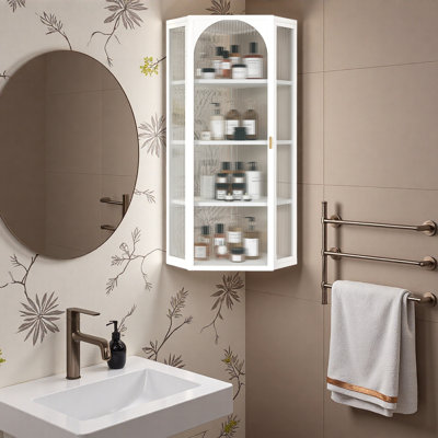 Glass Door Wall Mounted Corner Cabinet with Featuring Four-tier Storage for Bedroom, Living Room