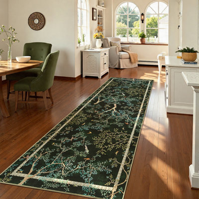 Floral Rug Botanical Birds Print Nature Plants Washable Non-slip