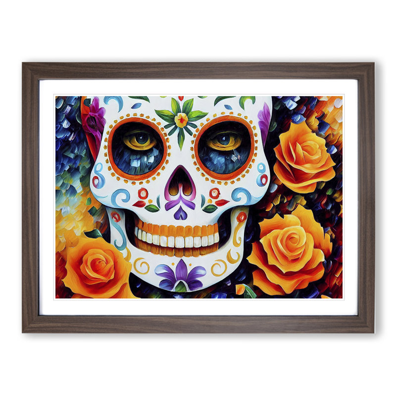 XH1022-2587X Decorated Floral Sugar Skull - Single Picture Frame Print, Walnut, 34cm H x 46cm W x 2cm D