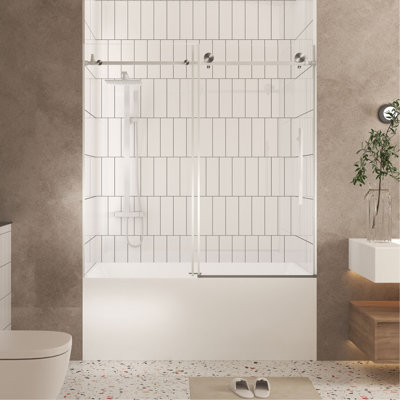 Frameless Shower Door 56-60 "W X 60" H, 1/4 "(6 Mm) Clear Tempered Glass, Explosion Proof Film, Stainless Steel Handle