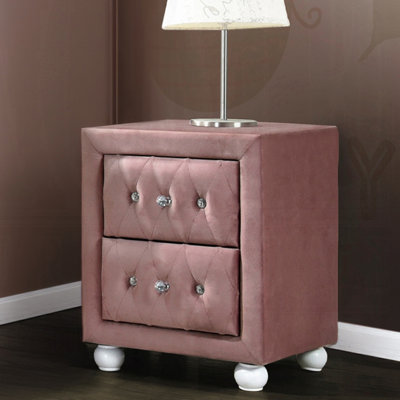 Table de chevet rembourrée en tissu rose avec 2 fonctions, 2 tiroirs, butée, pieds en bois blanc