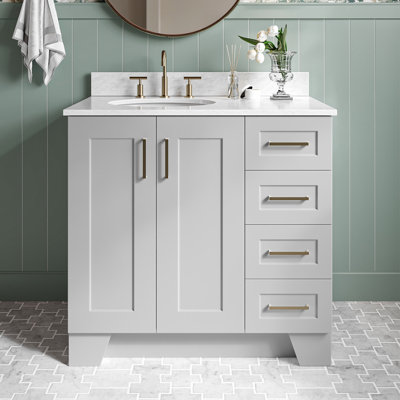Meuble-lavabo simple en bois massif 37 po gris Freitas avec plateau en marbre de Carrare 0,75 po, évier gauche, lavabo ovale