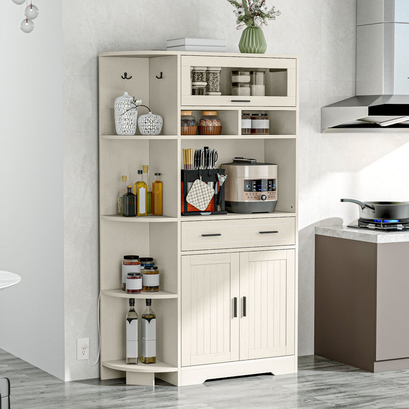67" Kitchen Pantry With Microwave Shelf And Charging Station, White