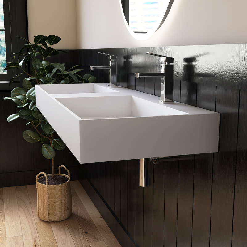 54'' Wall Mounted Double Bathroom Sink Solid Surface Rectangular Bathroom Sink