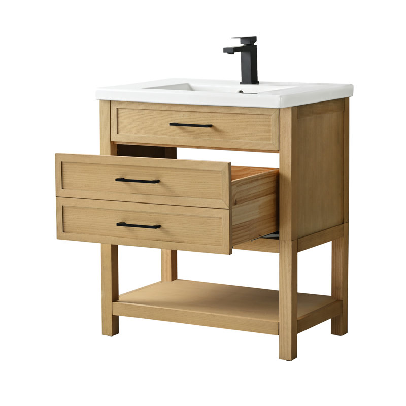 Stratford 30'' Single Bathroom Vanity with Ceramic Top, Light Oak/Matte Black