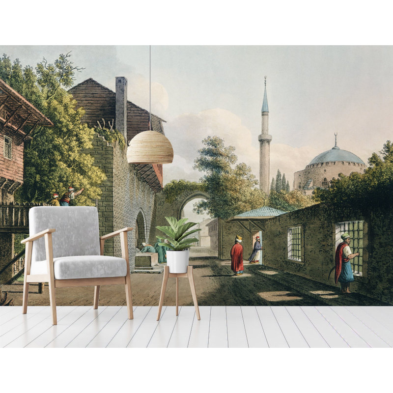 Papier peint amovible art vintage paysage urbain médiéval, L 9 po x l 15 po