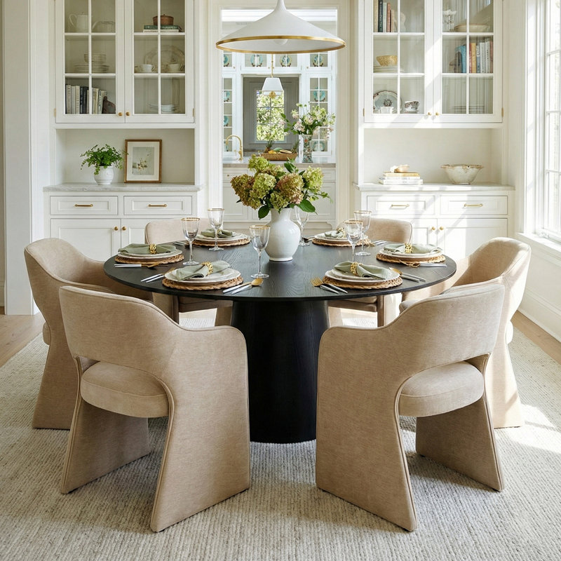 6 - Person Dining Table Sets With Round Table & 6 Upholstered Chenille Chairs, Black, Brie