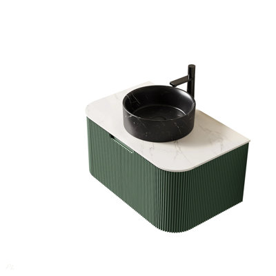 Meuble-lavabo 30 po, armoire de salle de bain en contreplaqué rayé à bords arrondis avec tiroir, lavabo rond en céramique noir mat et plateau en pierre frittée, pré-assemblé