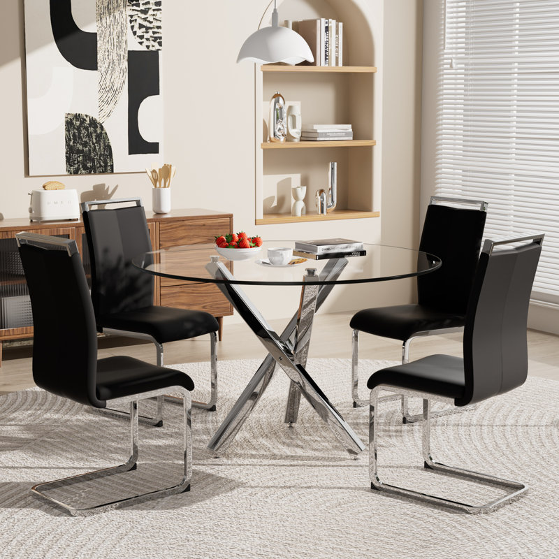Ensemble de table de salle à manger, table ronde en verre trempé et 4 chaises rembourrées., 5, Noir, noir, noir, noir