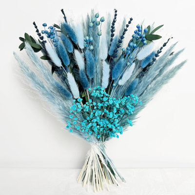 Bouquet de fleurs séchées bleues - 43 cm (17 pouces) - Composition florale bohème en herbes de la pampa naturelles - Centre de table pour la maison