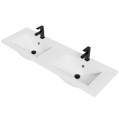 60" Double Sink Vanity Top Integrated Bathroom Sink with 2 Single-Hole Faucets, Overflow, Pop up Drain