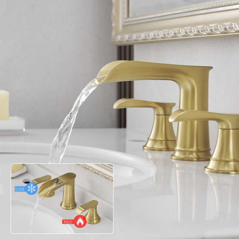 Gold 8 Inch Widespread Sink Faucet, 3 Hole, Double Lever Handle, Pop Up Drain And Hose Assembly Kit Bathroom Brushed Gold, Handle