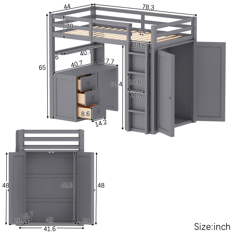 Lit mezzanine simple avec tiroirs, bureau et garde-robe - Kieandra, Gris