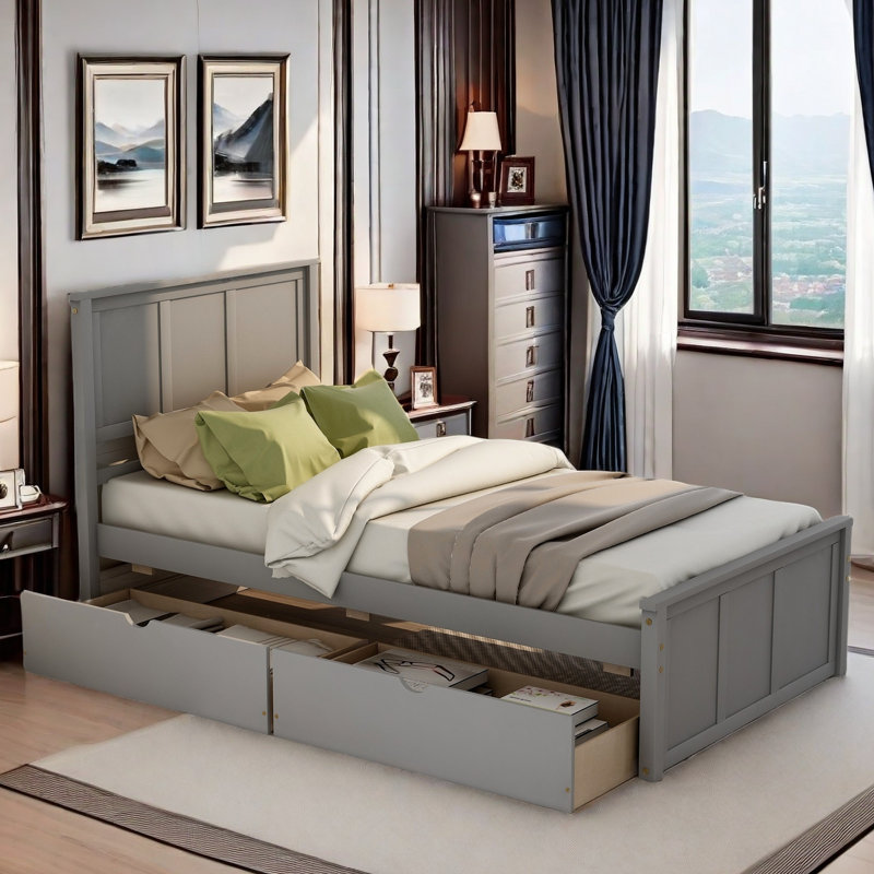 Lit plateforme en bois avec deux tiroirs sous le lit, gris