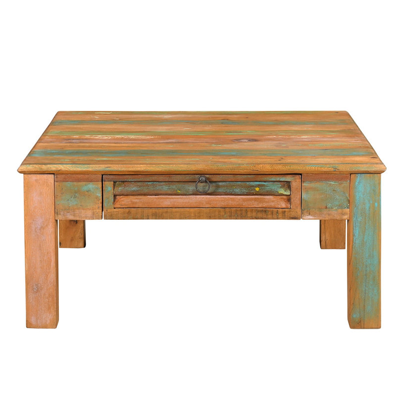 Solid Wood Square Rustic Coffee Table with Drawers