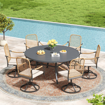 6 - Person Outdoor Dining Set With Cushioned Swivel Woven Rattan Chairs