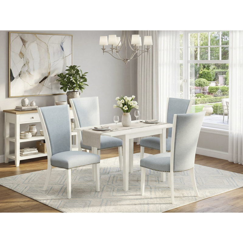 3-Piece Rectangular Solid Wood Top with Dropleaf Dining Table Set, Linen White, Baby Blue