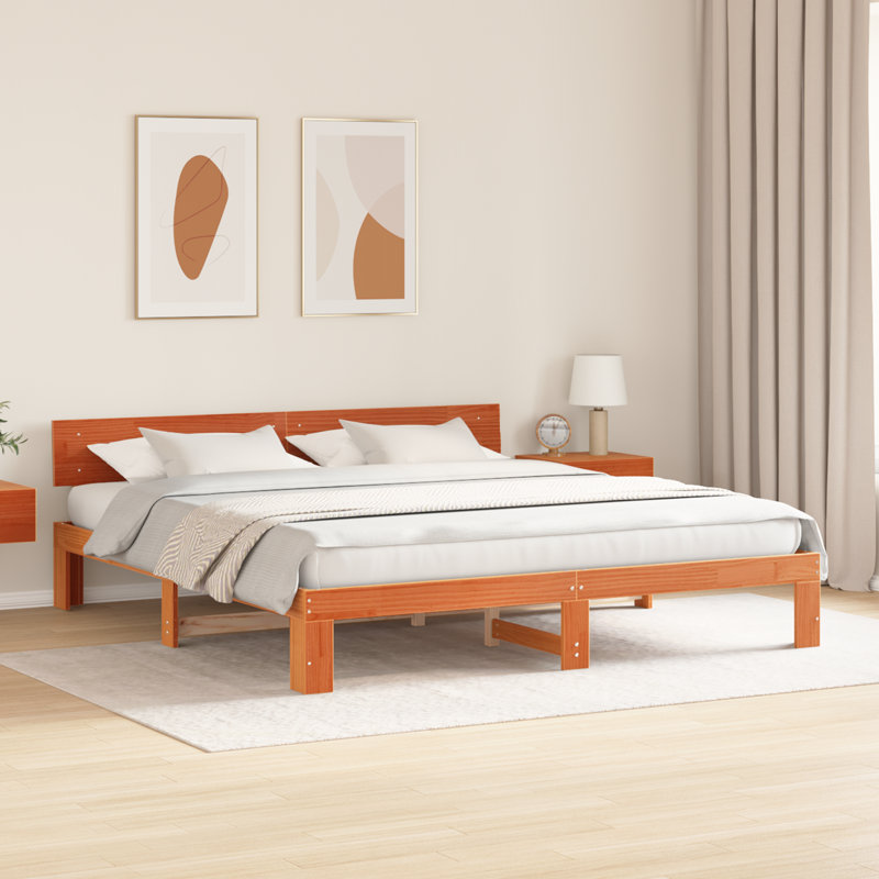 Bed Frame With Headboard Wax Brown Solid Pine Wood, Super King (6')