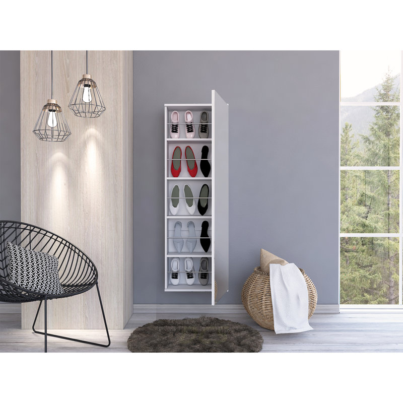 Leto Wall Mounted Shoe Rack With Mirror, Single Door, Capacity For Ten Shoes -White, Shoe Storage, White