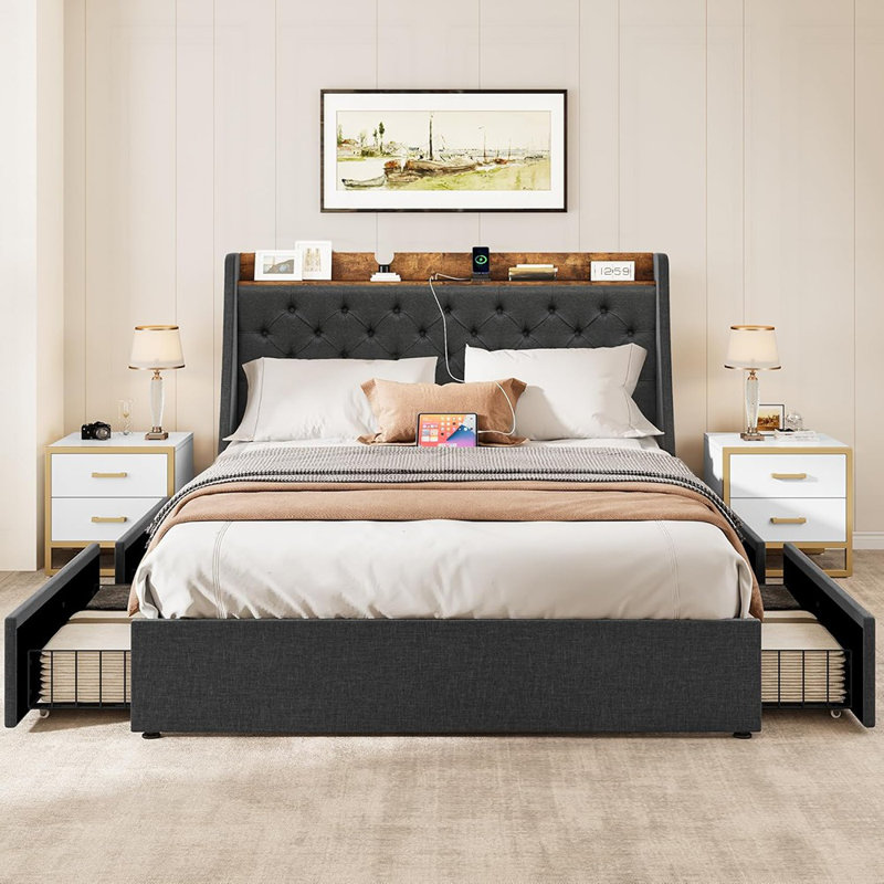 Structure de lit plateforme grand tapissier avec tête de lit à oreilles et 4 tiroirs de rangement, prises intégrées et ports USB, lattes de bois robustes, aucun sommier nécessaire - gris