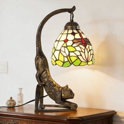 15.5" Tiffany Style Dragonfly Lotus Stained Glass Table Lamp With Cat-Shaped Base (Bulb Include)