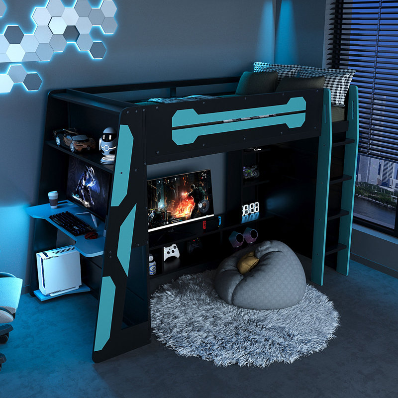 Lit mezzanine en bois avec bureau, Bleu, Lit simple