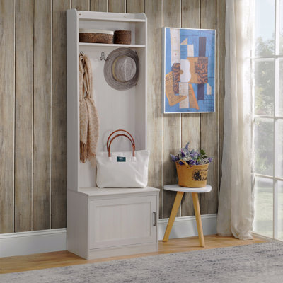 Portemanteau rustique avec banc de rangement pour chaussures, banc d'entrée avec portemanteau, portemanteau décoratif avec tablettes de rangement pour le couloir, vestibule, grain de bois blanc