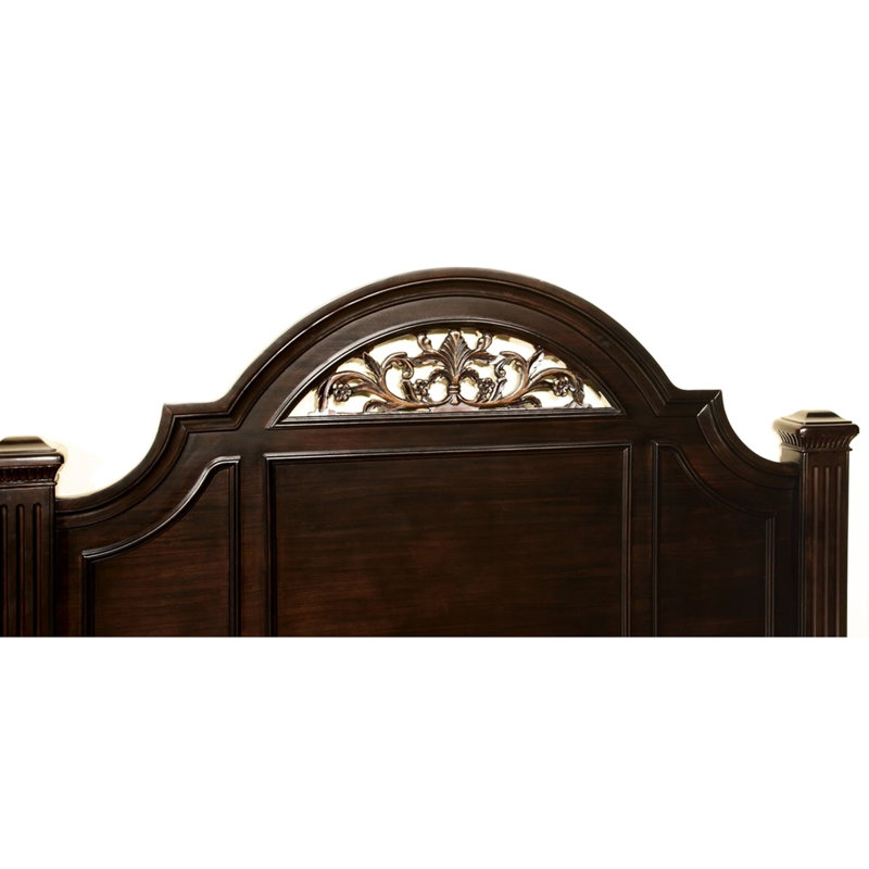 Très grand lit, noyer foncé, style contemporain, poteaux de lit cannelés, tête de lit à motif floral en bois de noyer, structure de style décontracté, structure stable