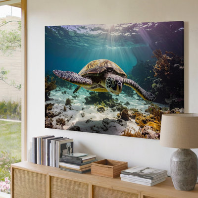 Photoréaliste tortue de mer Canvastranquil, récif peu profond, art mural, toile, prêt à accrocher, galerie, décoration intérieure, décoration moderne