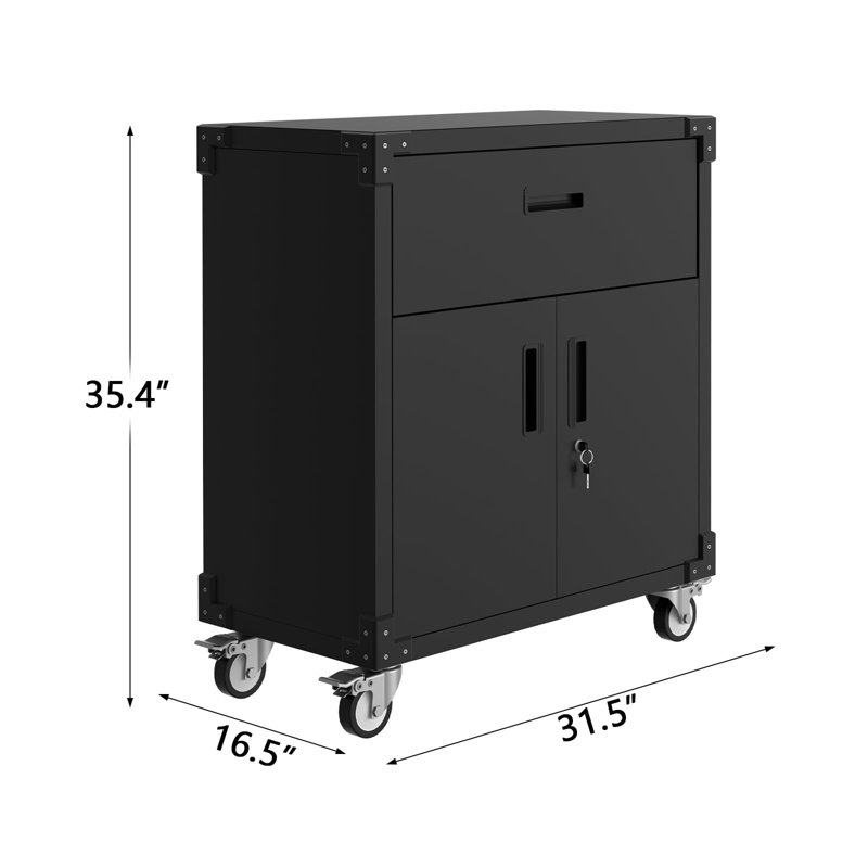 Rolling Metal Storage Cabinet with Lock, 35.4" High Tool Organizer with Drawer, Adjustable Shelves & Wheels, Heavy Duty Rust-Resistant Tool Cabinet for Garage, Warehouse, Office, Black