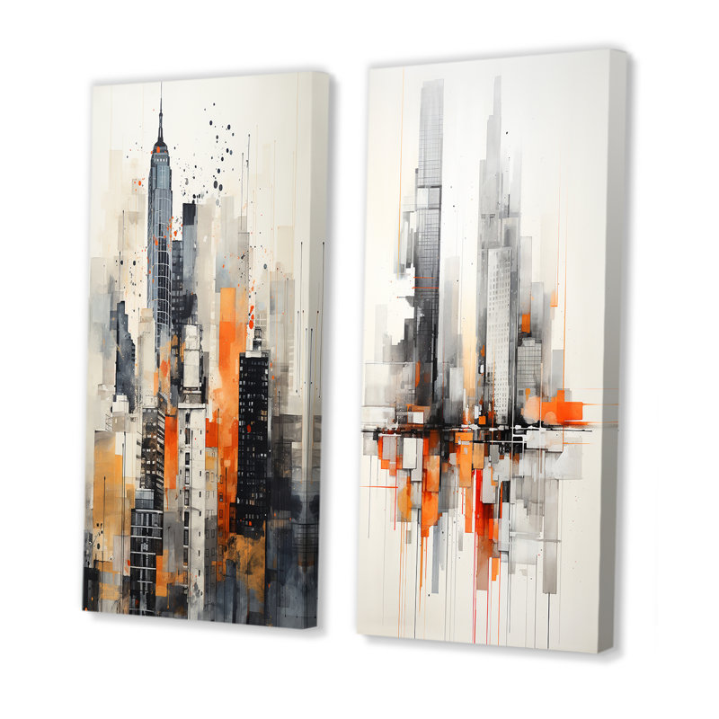 2 pièces sur toile - Orange, gris, minimalisme urbain, rythme, Toile tendue, H 20 po x l 24 po