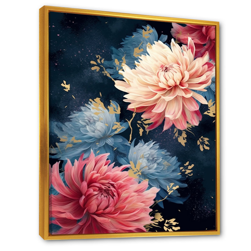 «Pink and Blue Chrysanthemums Symphony - Chrysanthemums», reproduction sur toile, Cadre flottant doré