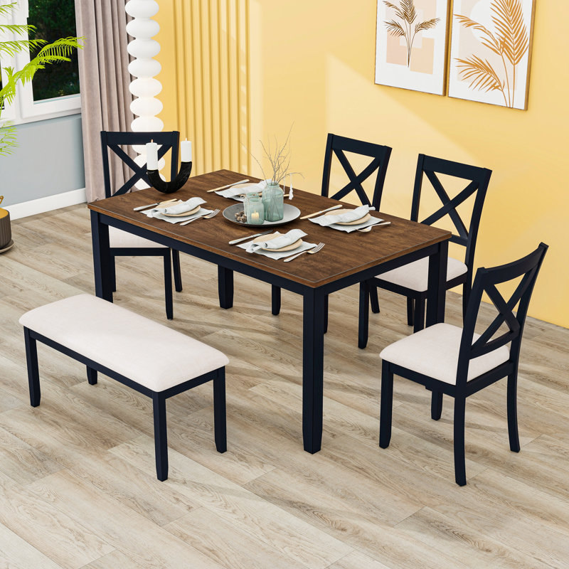 6-Piece Dining Table Set, Farmhouse Rectangular Table with Upholstered Chairs and Bench, Oak, Black, Black