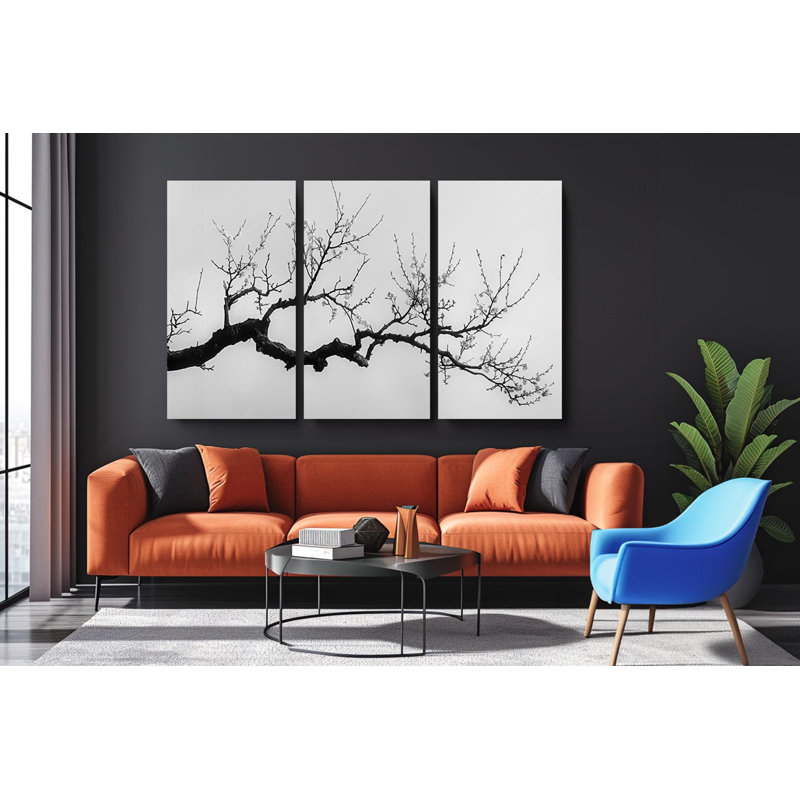 «Triptych Canvas Wall Art - Minimalist Tree Branch Triptych Wall Art Set», impression sur toile 3 pièces faite à la main aux États-Unis avec motif de fleur noire intemporelle
