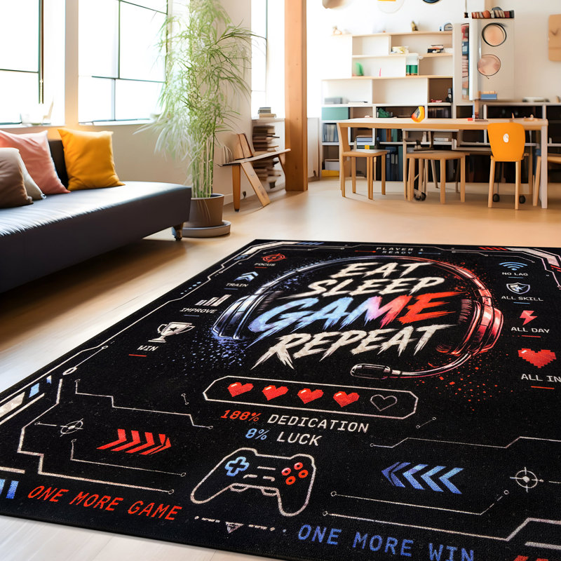 Player One HUD, Gaming Area Rug, Black, Non-Slip Backing, 5'x7'