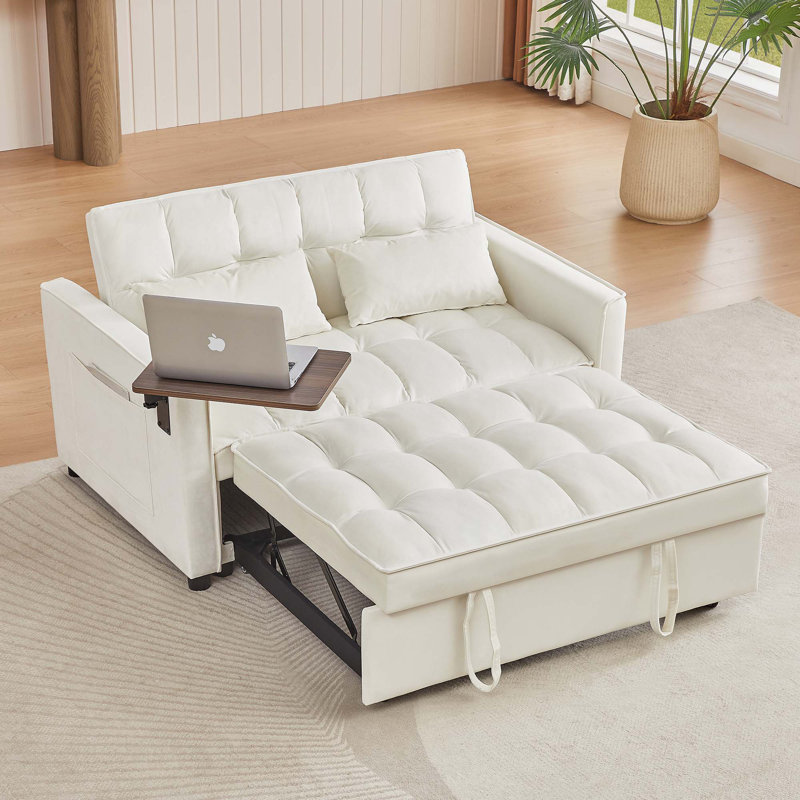Taliesen Square Arms Loveseat, Sofa Bed, White Velvet, 31.5" H x 53.14" W x 34.64" D