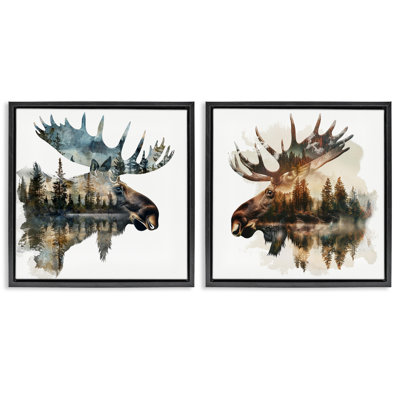 Ensemble de 2 toiles flottantes Woodland Moose Forest Silhouettes par Lsr Design Studio