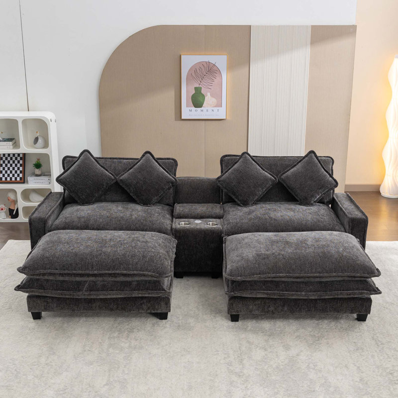 Canapé modulaire en chenille de 111 po avec deux repose-pieds amovibles, deux ports USB, deux porte-gobelets et une grande boîte de rangement pour le salon