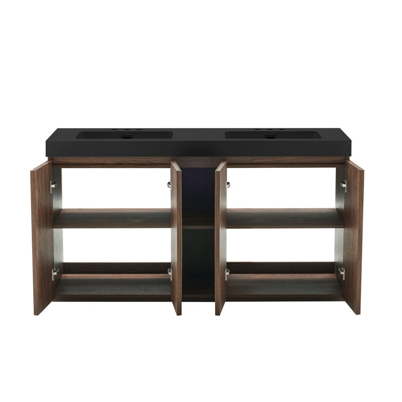 Meuble-lavabo double sur pied Lumene 60" Winston en noyer avec lavabo en quartz intégré, panneaux cannelés, portes à fermeture amortie, étagère centrale ouverte, lavabo noir en option, meuble de salle de bain moderne