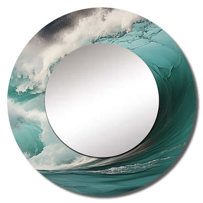Red Green Wave Colorful Wonder I - Coastal Unique Wall Mirror, Red Round Mirror, Printed Metal Art