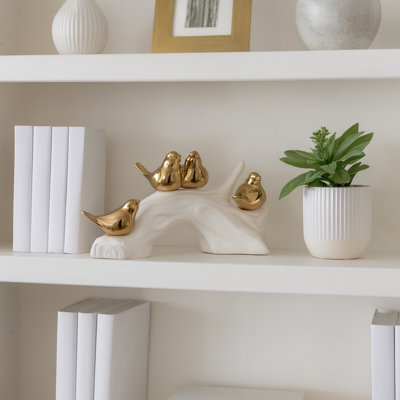 Kitchen Decor and Home Decor Sculpture Figurine – Porcelain Bird Statue with White Branch Base and Decorations for Living Room – Decorative Objects Accent for Shelf, Mantel, or Table – 14", White & Gold