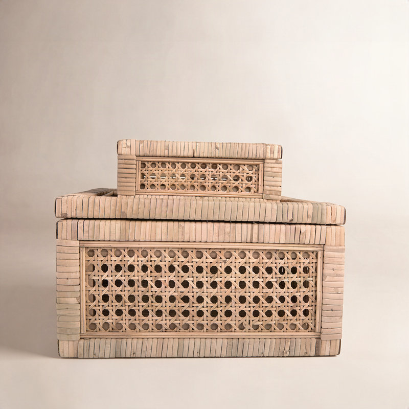 Woven Wood and Rattan Display Boxes with Glass Lids, Natural, 6" H x 12" W x 12" D