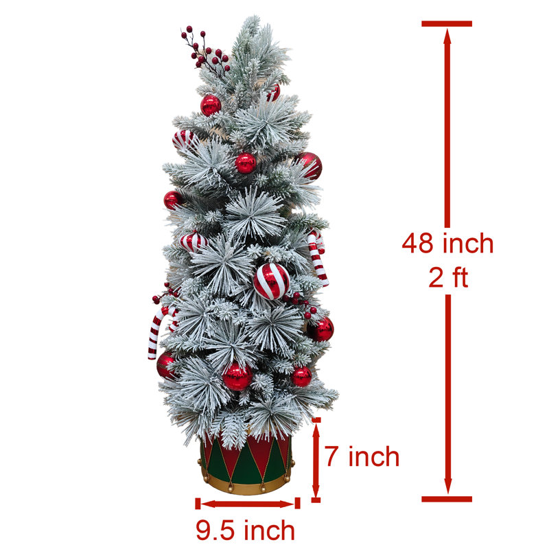 Sapin de Noël artificiel pré-décoré en forme de crayon, floqué, de 48 pouces, avec base cylindrique