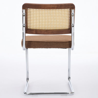 Mid Century Modern Dining Chairs Set Of 2, Linen Accent Chairs With Natural Cane Back & Stainless Chrome Base, Famous Breuer Designed Chairs, Upholstered Rattan Kitchen Chairs